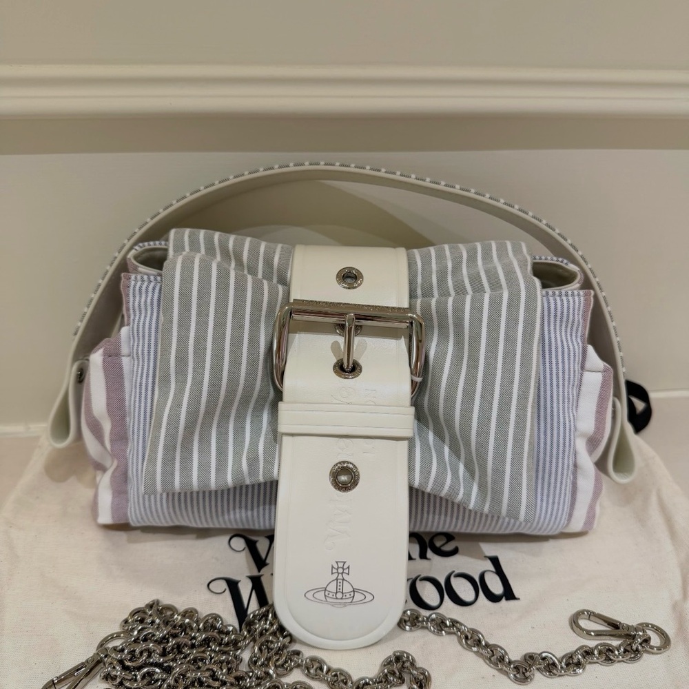 Vivienne Westwood White Leather Shoulder Bag with Gray & Light Pink Stripes